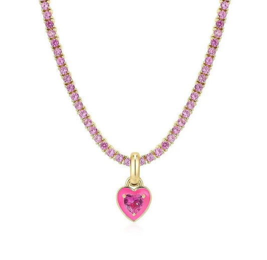 Luxury Cubic Zircon Tennis Chain Necklace with Crystal Enamel Color Hearts - Limited Availability!